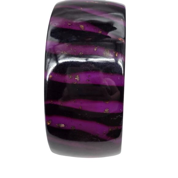 Zebra Striped Wide Acrylic‎ Bangle Bracelet Purple & Black Gold Accents - Picture 4 of 6